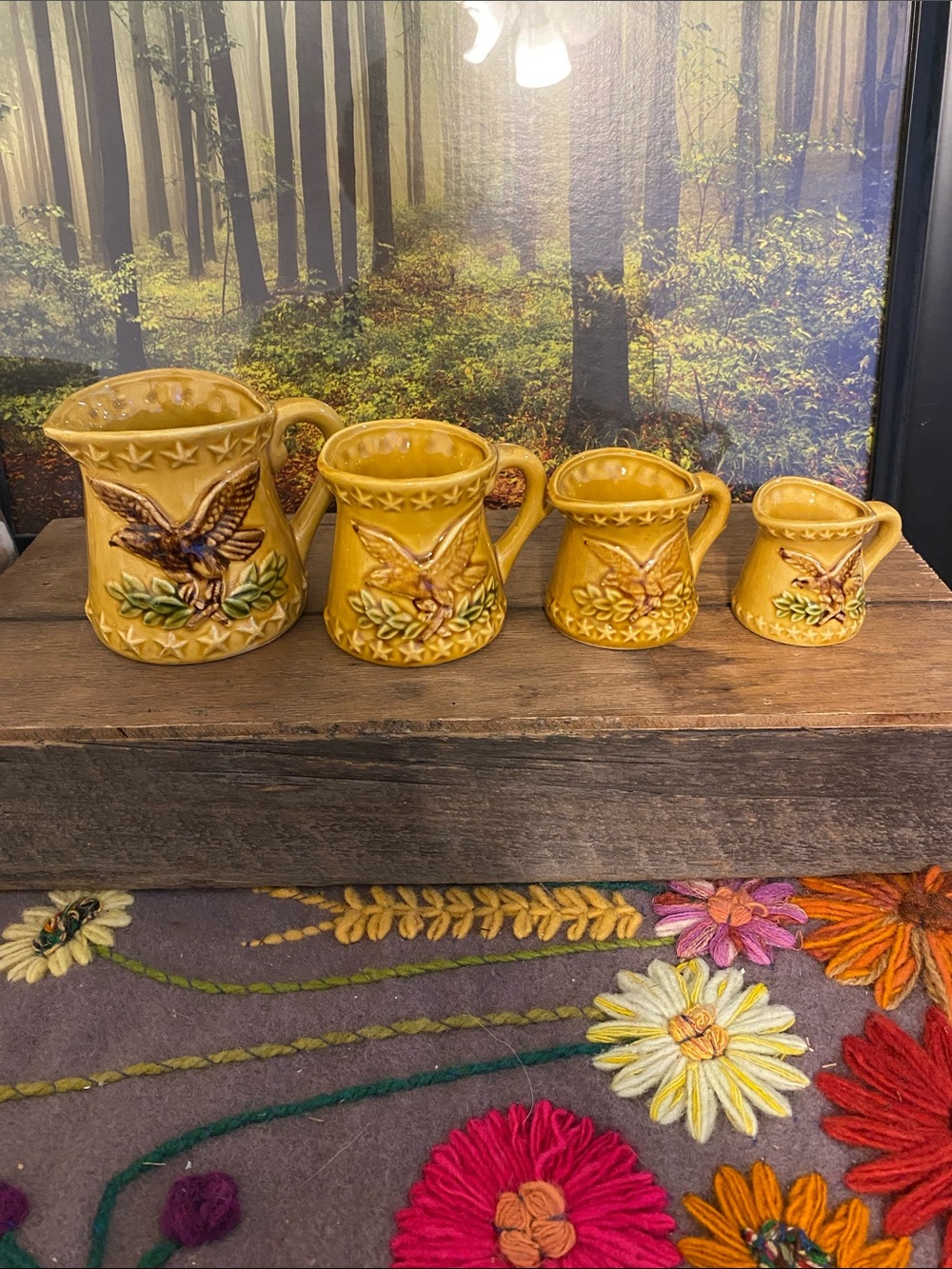 Yellow Ceramic Bird Japanese measuring cups- 4 Vintage Style , normal wear.